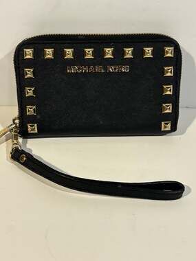 Michael Kors Black Saffiano Leather Studded Selma Zip Around Wristlet Wallet